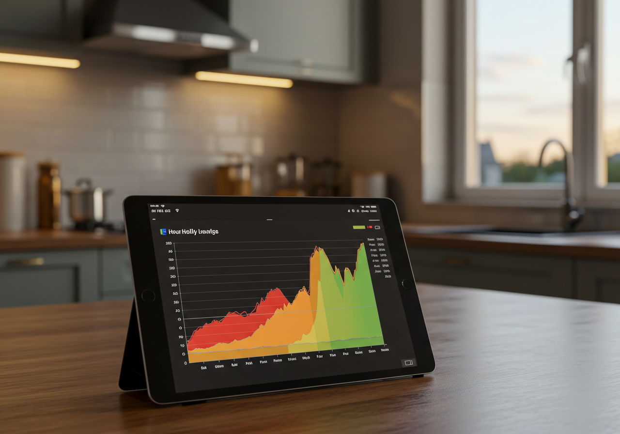 Tablette affichant la courbe des prix de l'électricité heure par heure dans une cuisine moderne