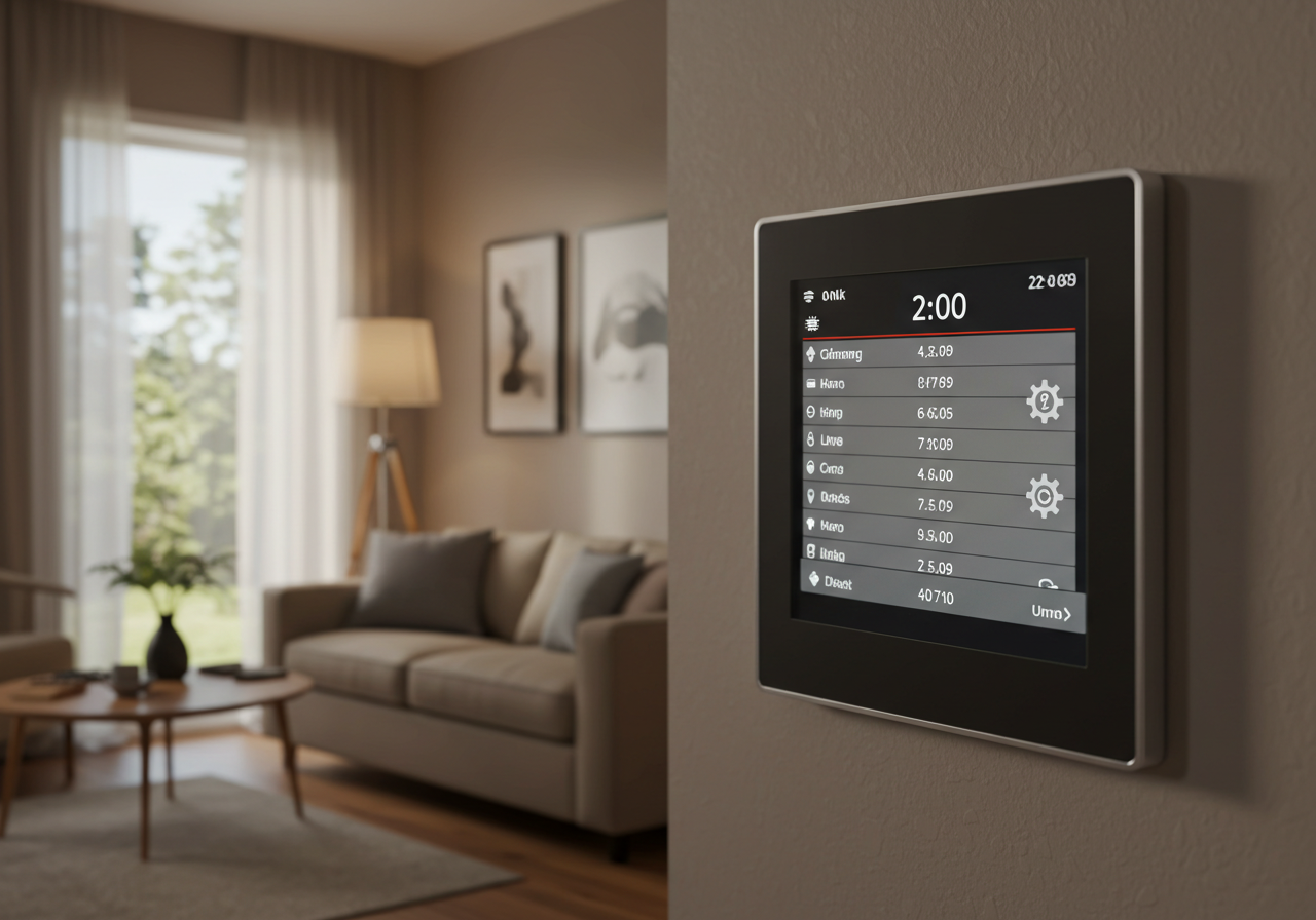 Thermostat mural affichant le fonctionnement du chauffage dans un salon