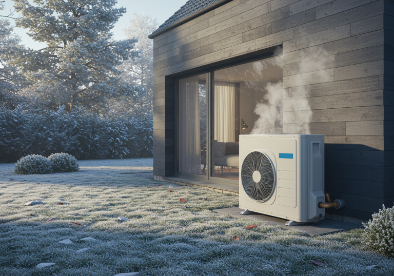 Pompe à chaleur air-eau en fonctionnement à l'extérieur d'une maison par temps froid