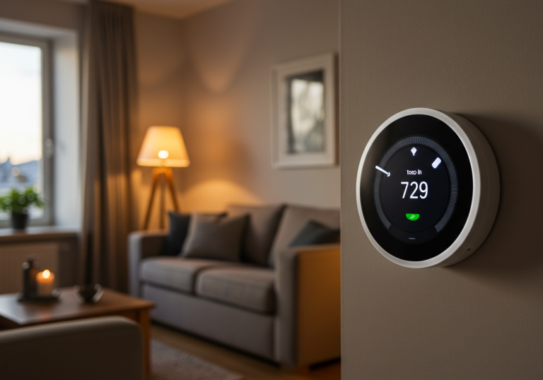 Thermostat connecté intelligent installé sur le mur d'un salon chaleureux