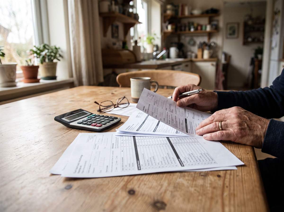 Propriétaire qui vérifie un devis de travaux et calcule son reste à charge sur la table de la cuisine