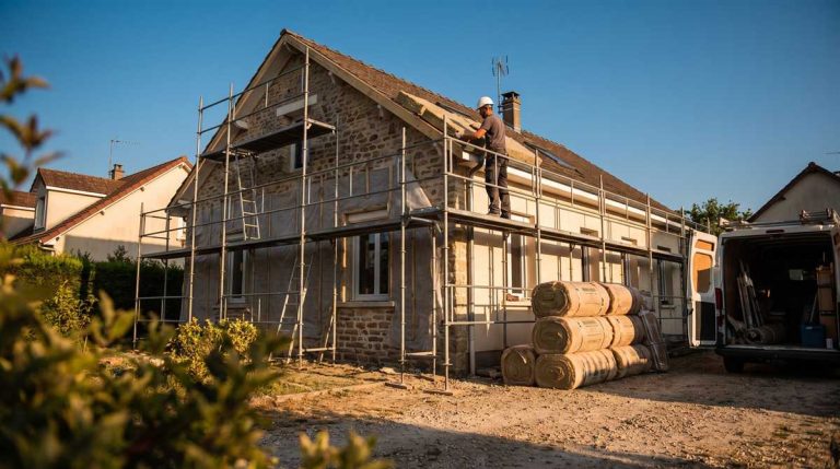 Maison en cours de rénovation énergétique avec échafaudage, isolation de la toiture en fin d'été