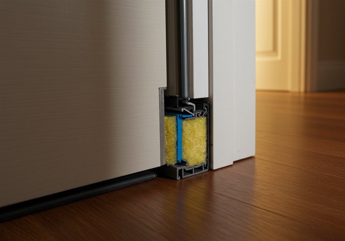 Coupe d'un seuil de porte d'entrée montrant le joint d'étanchéité et l'isolant du dormant