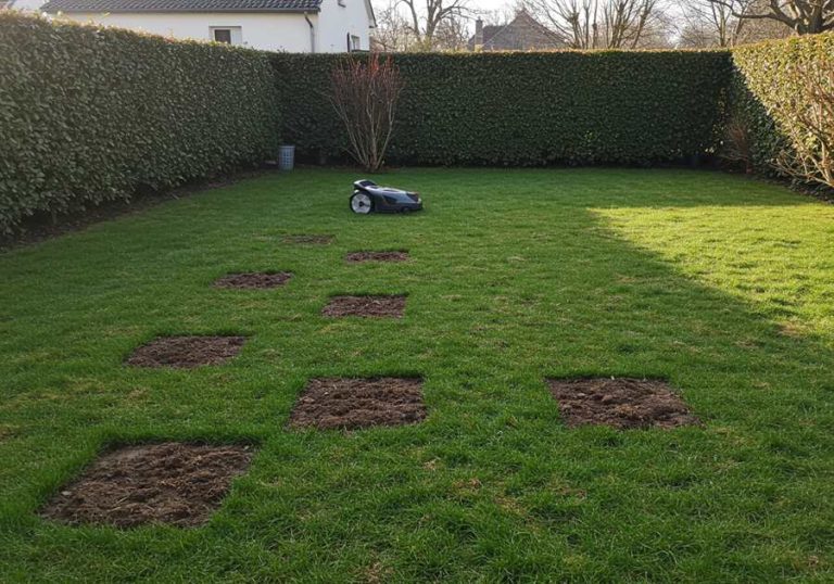 Pelouse de jardin présentant plusieurs zones dégarnies de terre nue
