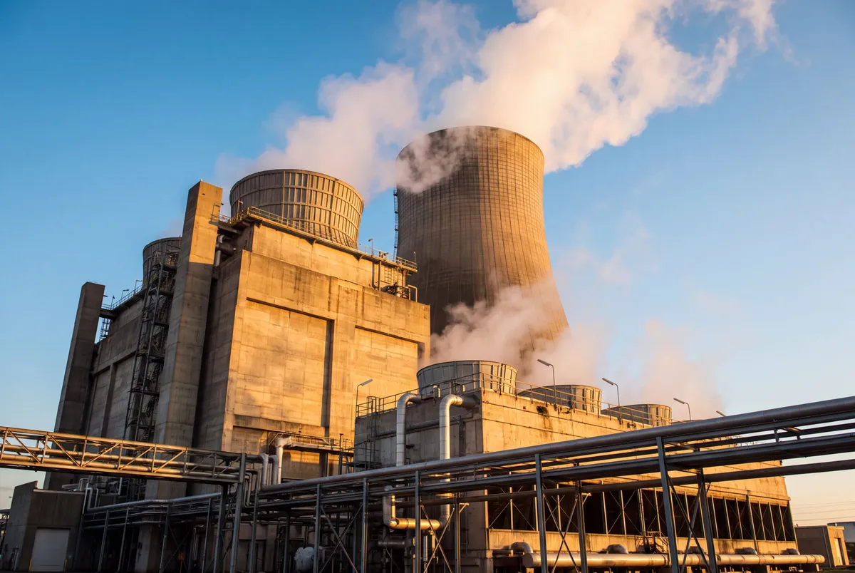 Vue d'une tour de refroidissement industrielle à grande échelle montrant la consommation d'eau
