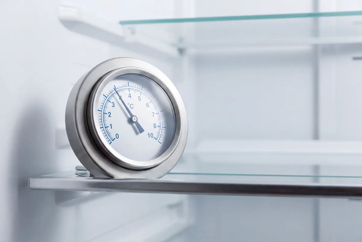 Thermomètre de réfrigérateur affichant la température critique de 4°C