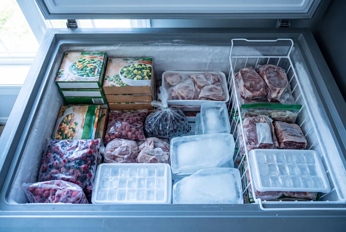 Congélateur coffre rempli d'aliments congelés vue de dessus montrant l'inertie thermique