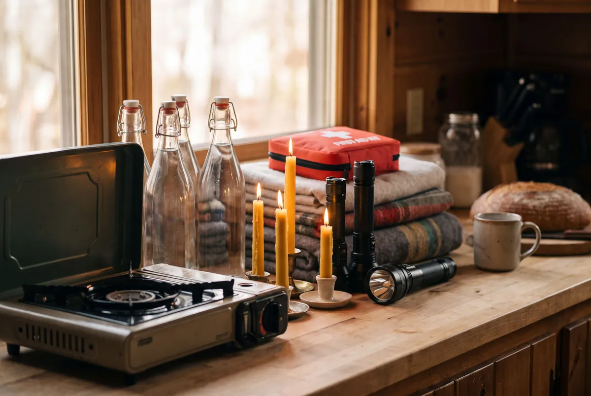 Équipements de secours pour coupure de courant : lampes, bougies, eau et réchaud portable