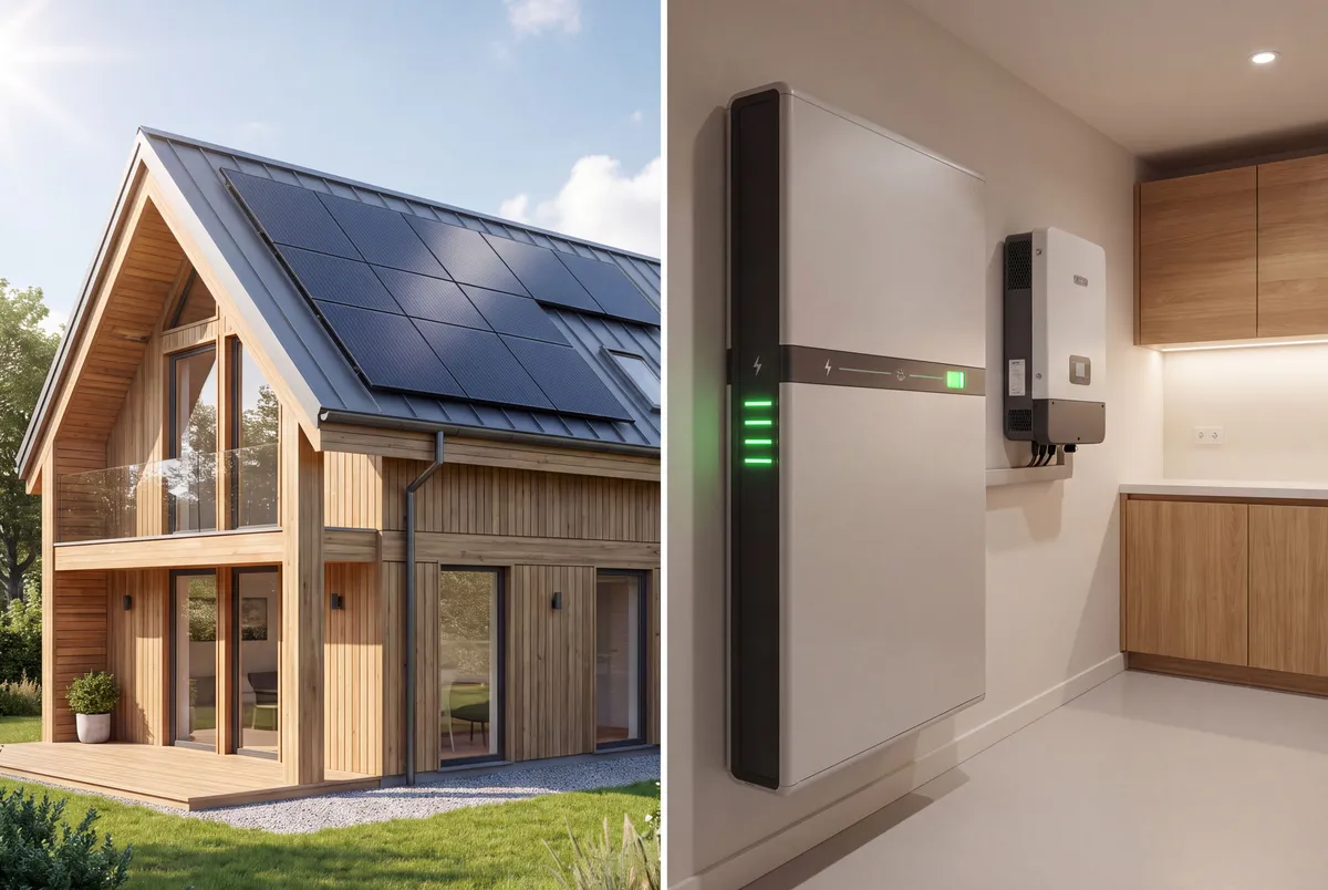 Vue d'ensemble d'un système solaire complet avec panneaux et batterie de stockage dans une maison moderne