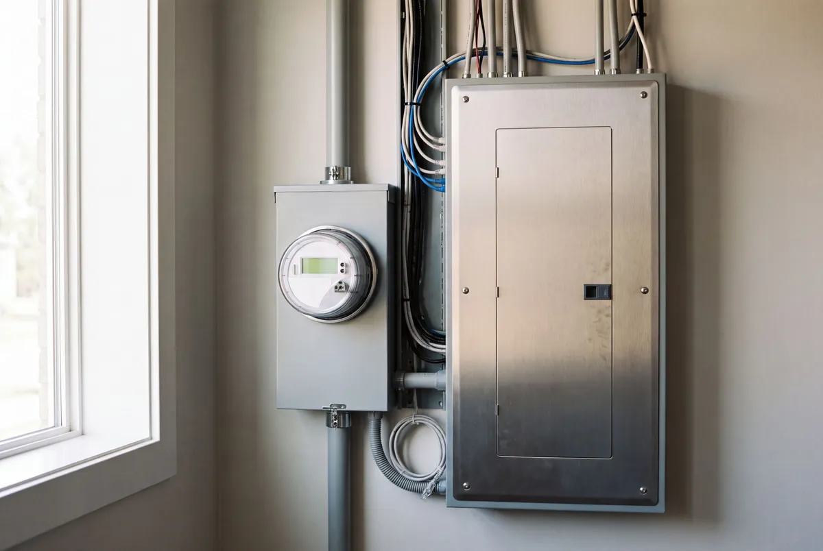 Installation d'un compteur électrique intelligent et d'un tableau électrique résidentiel illustrant l'infrastructure V2H/V2G