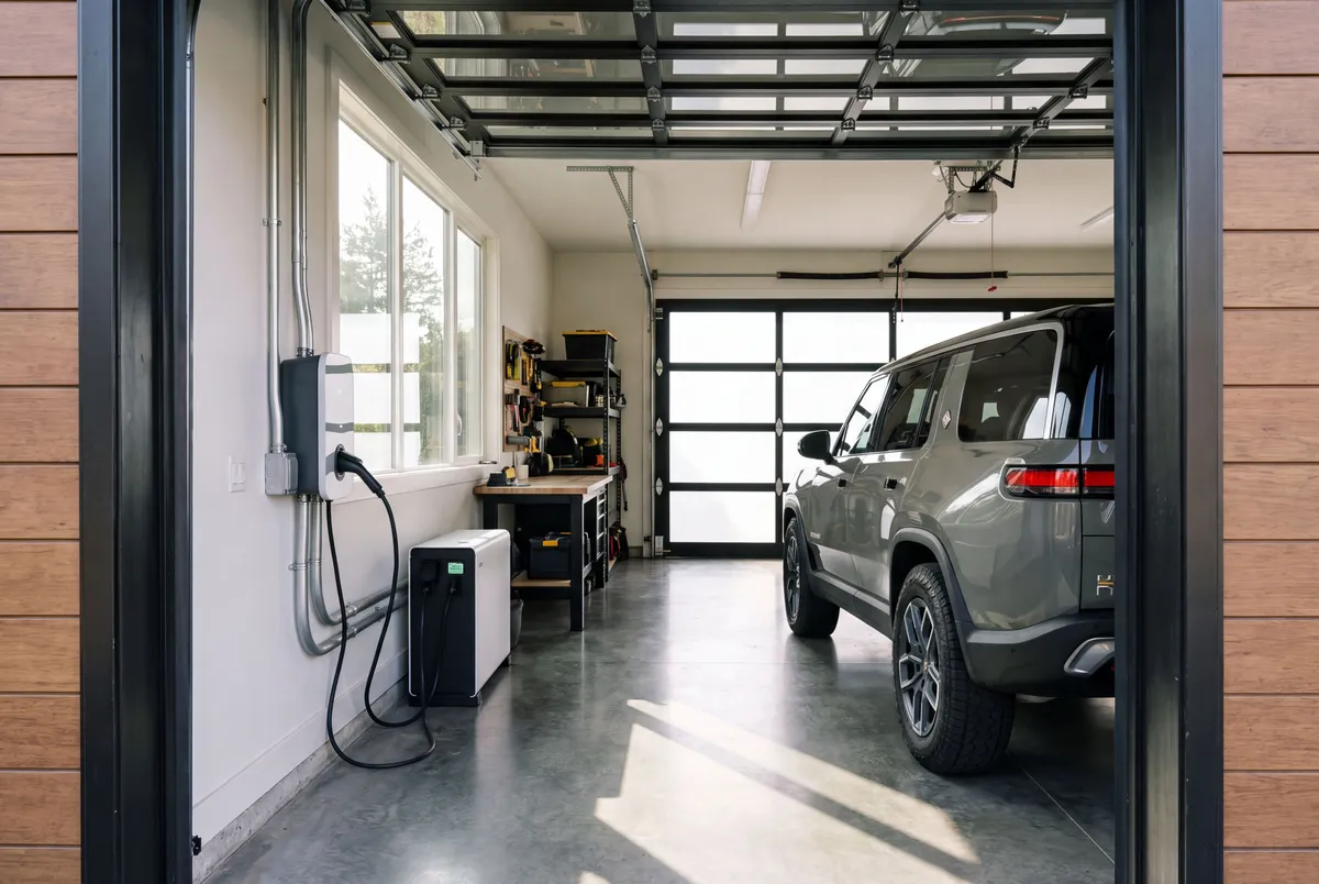 Intérieur d'un garage résidentiel moderne illustrant l'espace d'installation des équipements V2H et V2G