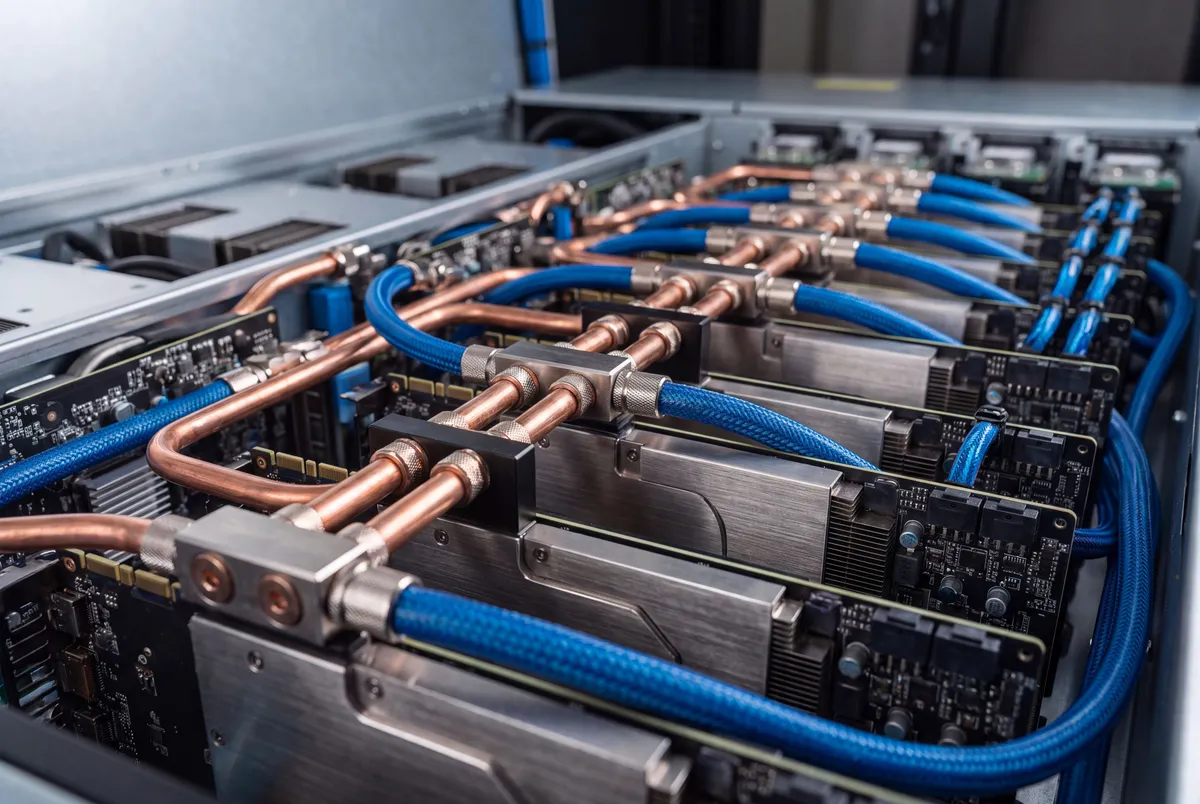 Gros plan sur les serveurs GPU haute densité avec système de refroidissement liquide direct