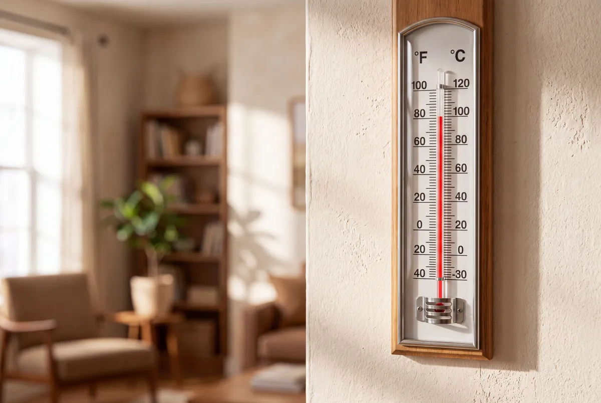 Thermomètre intérieur affichant une température élevée, illustrant l'inconfort thermique dans un logement