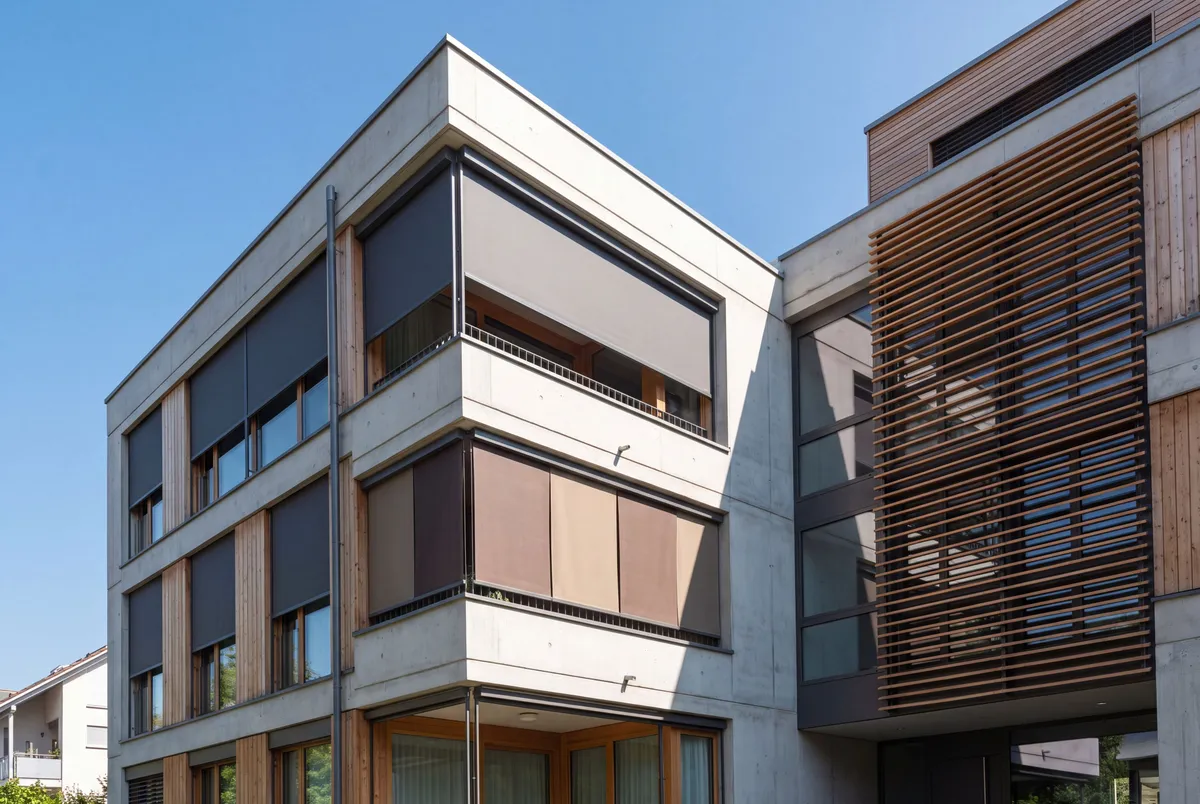 Systèmes de protection solaire externe sur façade résidentielle montrant volets et stores de protection thermique