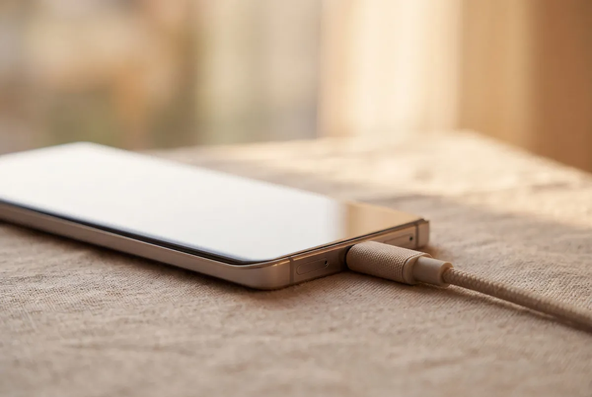 Smartphone en cours de recharge, illustrant l'équivalent énergétique de la génération d'images haute définition