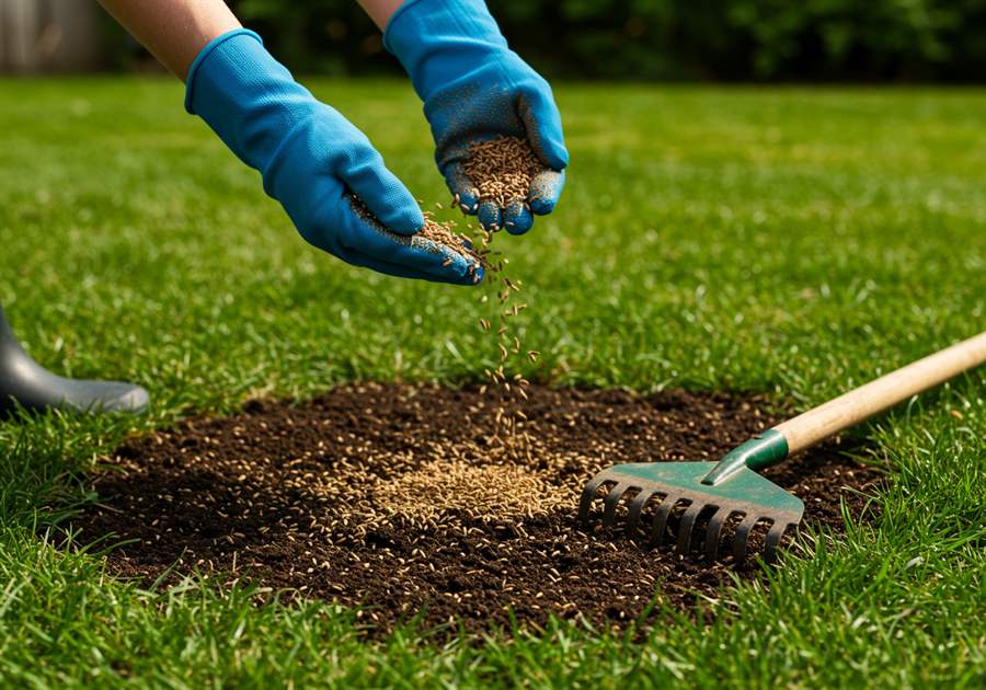 Mains gantées semant des graines de gazon sur une zone de terre nue préalablement ratissée