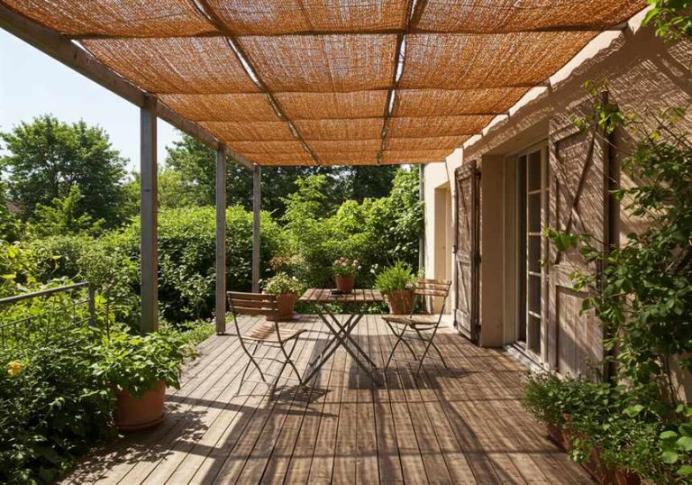Terrasse en bois ombragée par une toile en fibre de coco tendue sur une pergola