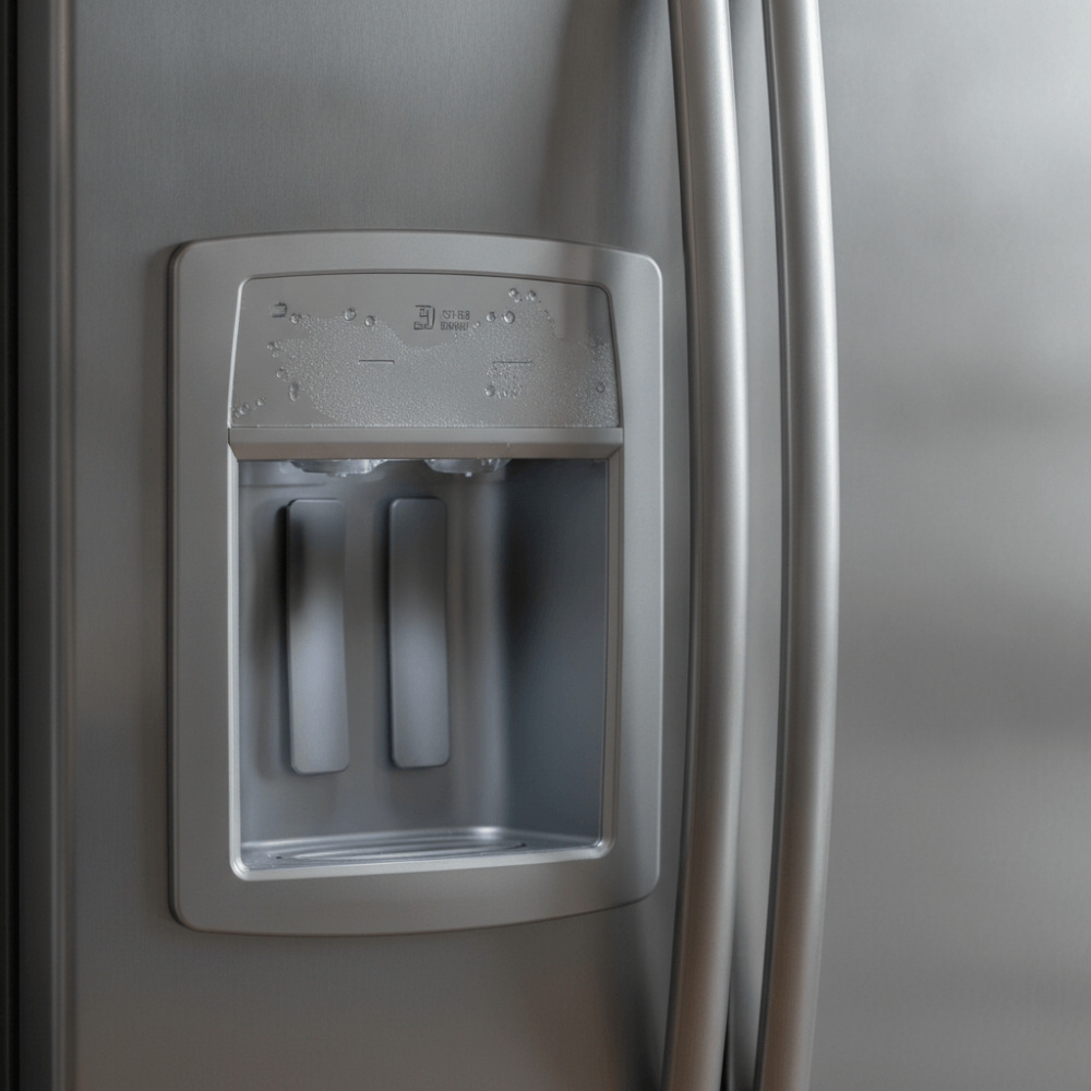 Détail du distributeur d'eau et glaçons sur la porte inox d'un frigo américain haut de gamme