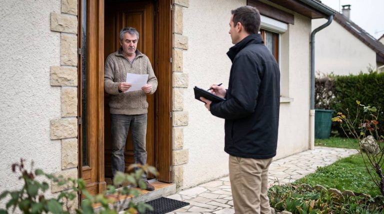 Un propriétaire hésitant sur le pas de sa porte face à un commercial venu proposer des travaux