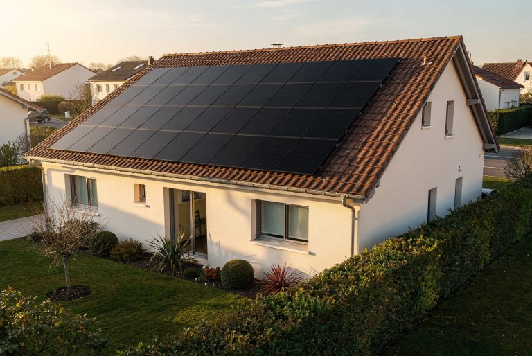 Maison individuelle équipée de panneaux solaires noirs sur toute sa toiture exposée au sud, en fin d'après-midi