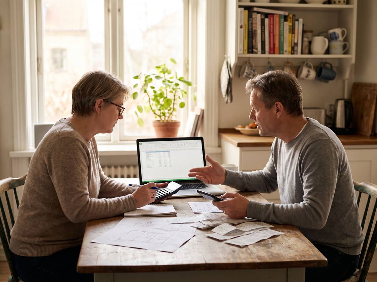Couple examinant des factures d'énergie et des devis de rénovation sur la table de la cuisine