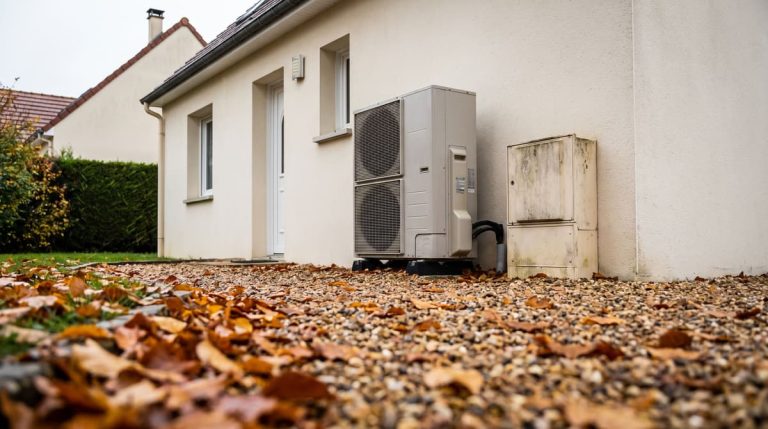 Maison individuelle française en automne avec une pompe à chaleur installée le long du mur et un coffret de comptage gaz