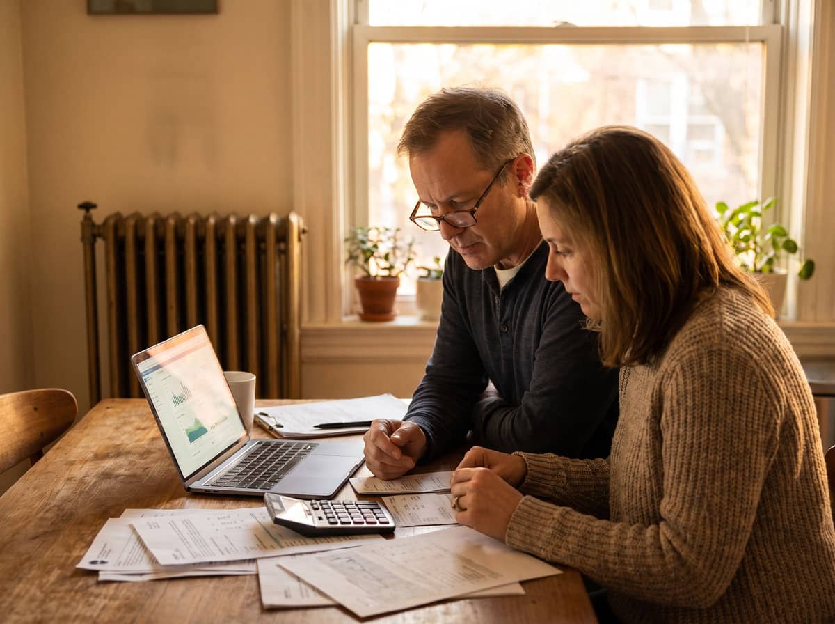 Couple examinant ses documents de facturation d'énergie à la table de la cuisine
