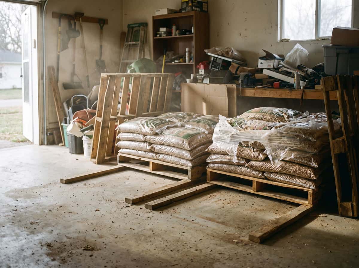 Palettes de sacs de granulés de bois stockées surélevées dans un garage sec