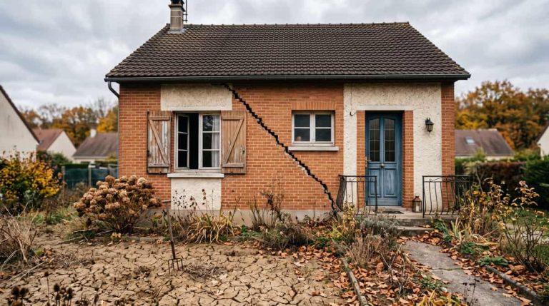 Façade de maison individuelle marquée par une fissure en escalier après un épisode de sécheresse