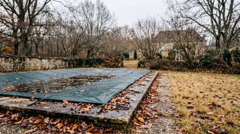 Piscine enterrée couverte d'une bâche d'hivernage dans un jardin en automne