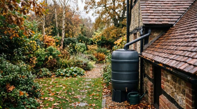 Récupérateur d'eau de pluie aérien raccordé à une descente de gouttière devant une maison individuelle en automne