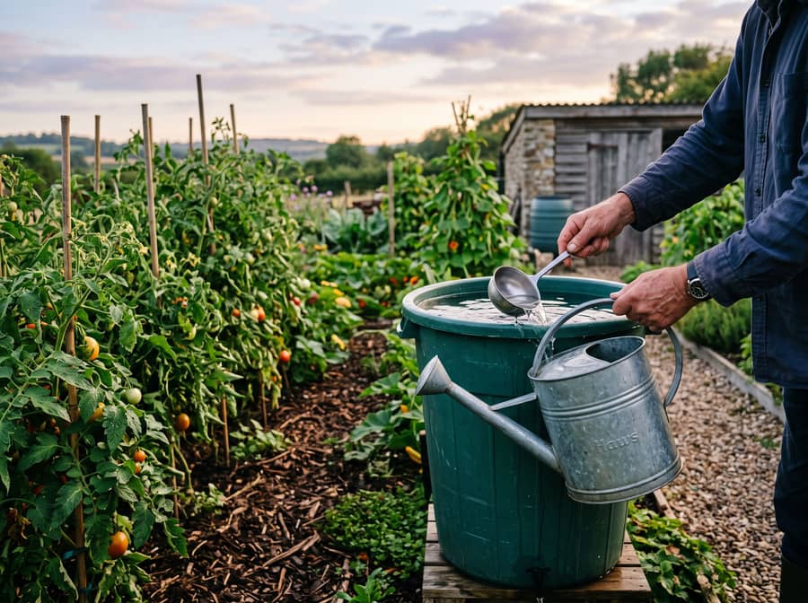 Remplissage d'un arrosoir à un récupérateur d'eau de pluie dans un potager au petit matin