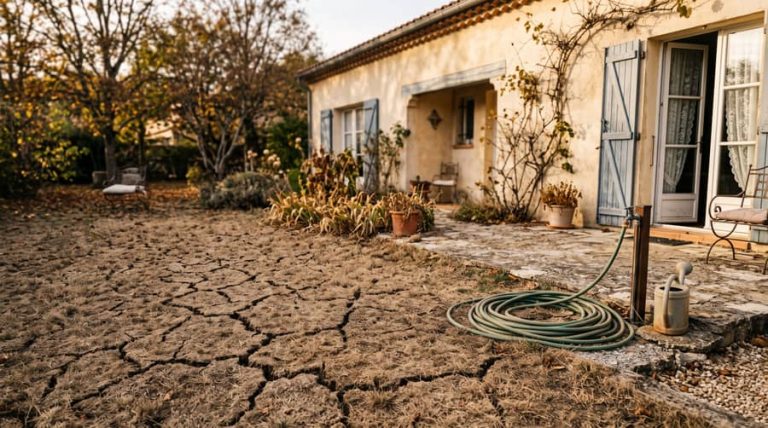 Pelouse sèche et tuyau d'arrosage enroulé devant une maison, en période de restriction d'eau